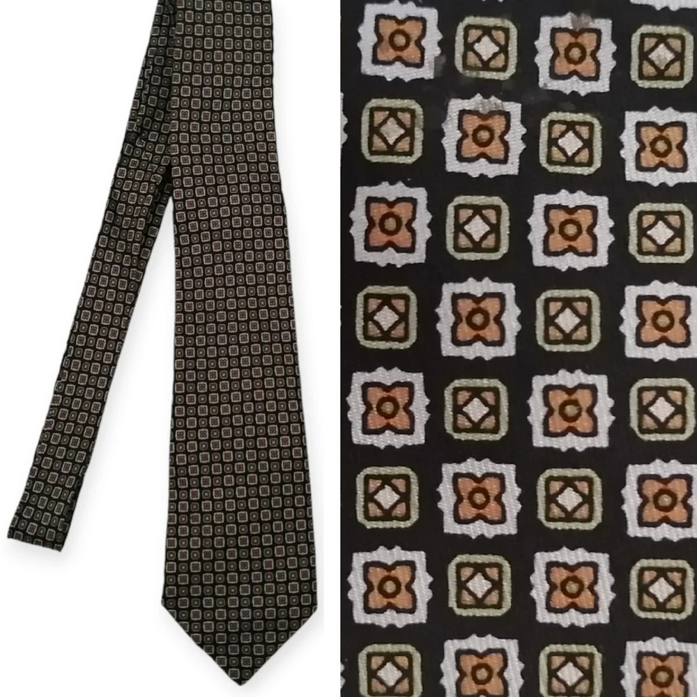 Vintage Oscar de La Renta 100% Silk Tie Black Brown Gold Geometric Pattern